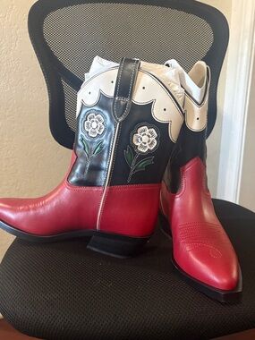 Coach Red, Black & White Western Ankle Boots with Floral Embroidery